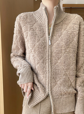 【刘雯同款】白色立领100纯羊毛拉链毛衣外套女秋冬感小个子短款