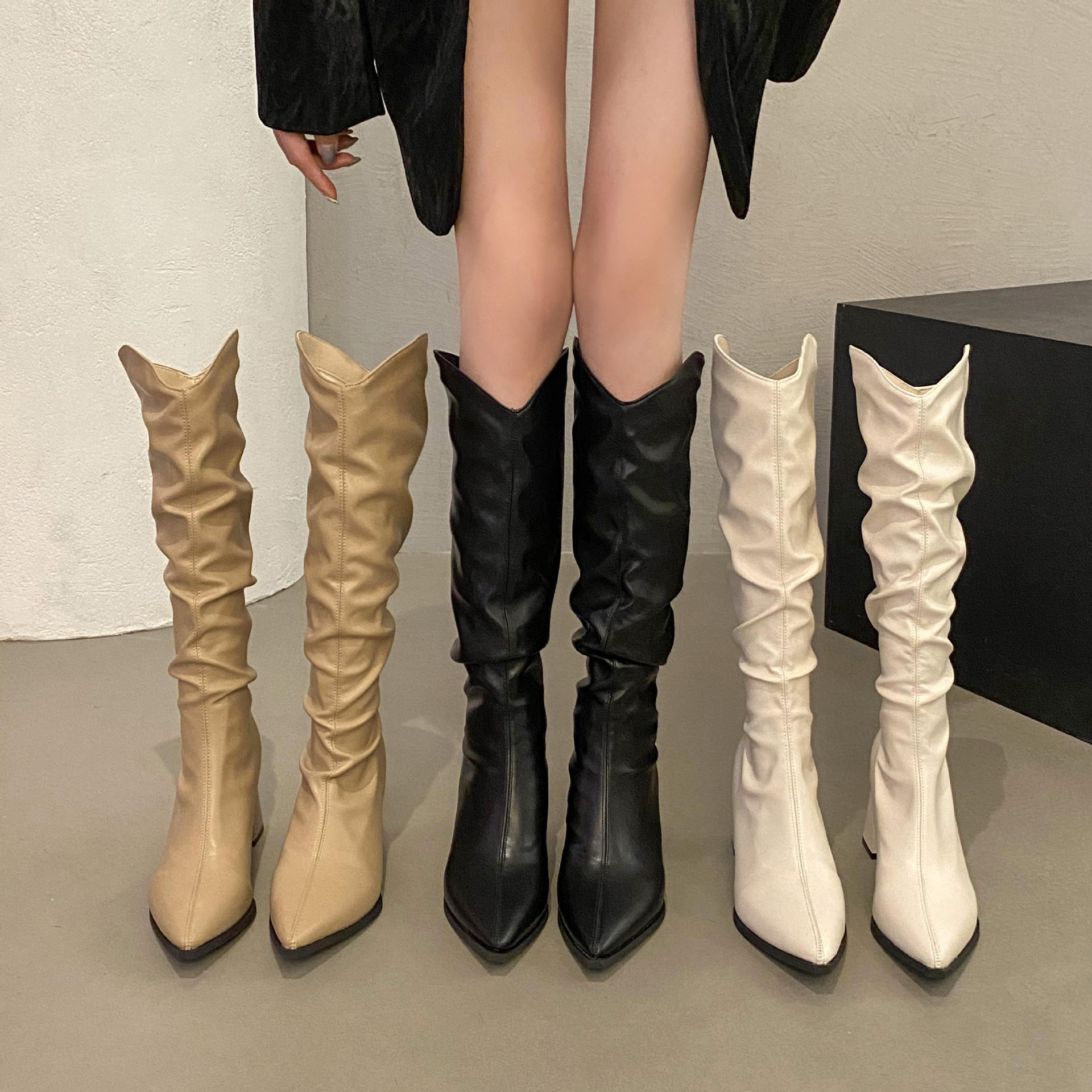 买手店明星同款粗跟褶皱堆堆长筒骑士靴女鞋2025年新款春秋季西部