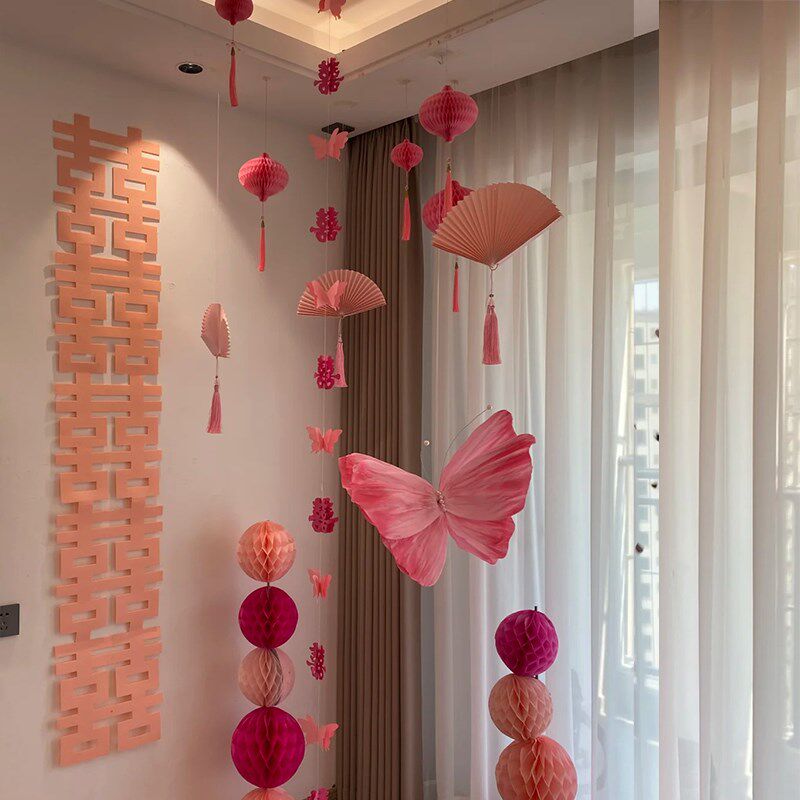 新品结婚礼喜f字拉花装饰女方婚房布置套装飘窗帘灯笼挂件备婚用