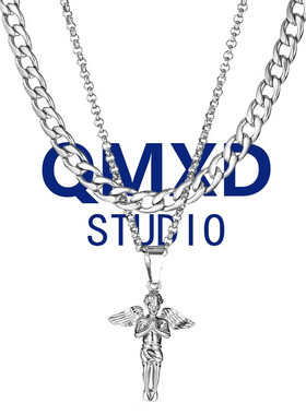 极速新品二件套小天使项链男潮男士吊坠双层叠P戴锁骨链链子送男