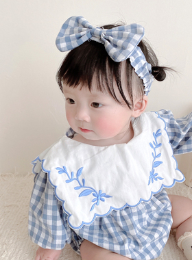 极速inas23春秋韩版婴儿刺绣领格子长袖连体哈衣女宝宝包屁爬服送