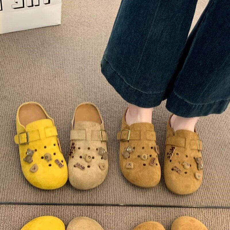 新品女鞋黄色勃肯鞋女夏季外穿平底D包头半拖鞋34码一脚蹬孕妇洞