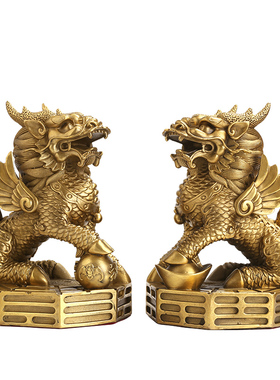 极速铜麒麟摆件一对踩八s卦纯铜家用财富麒麟办公室客厅家居装饰