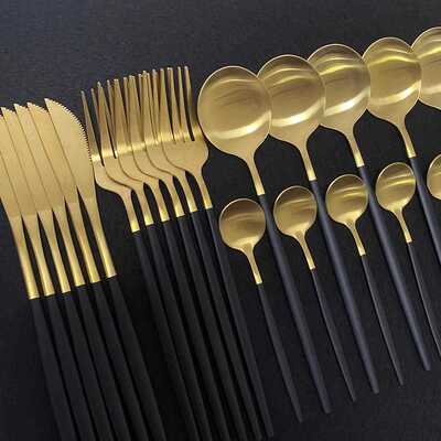 新品Dinnerware Set 16Pcs Black HandFle Gold Cutlery Set Stai