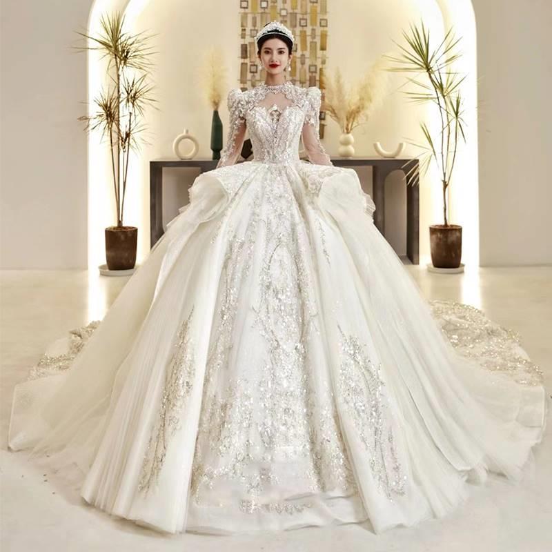 极速婚纱胖mfm大尺码新娘主婚纱遮肚宫廷长袖法式奢华裙撑大拖尾
