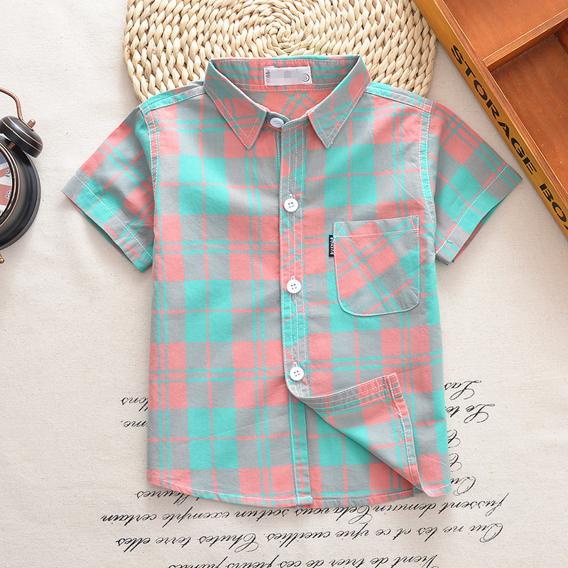 极速2024夏季男童短袖衬衣儿童透气小H童半袖衬衫宝宝格子衬衫薄