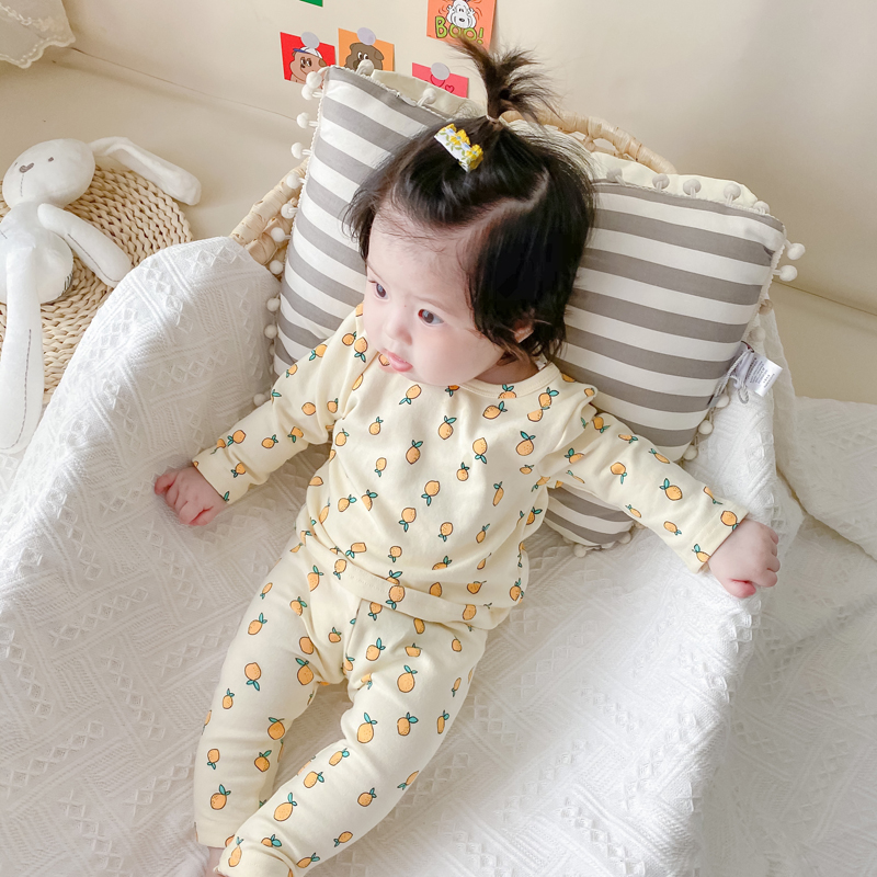 极速insc春秋韩版婴儿柠檬印花舒适家居长袖上衣+裤子宝宝两件套