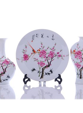 极速景德镇陶瓷器水点桃花三件套花瓶G盘子现代时尚客厅家饰工艺