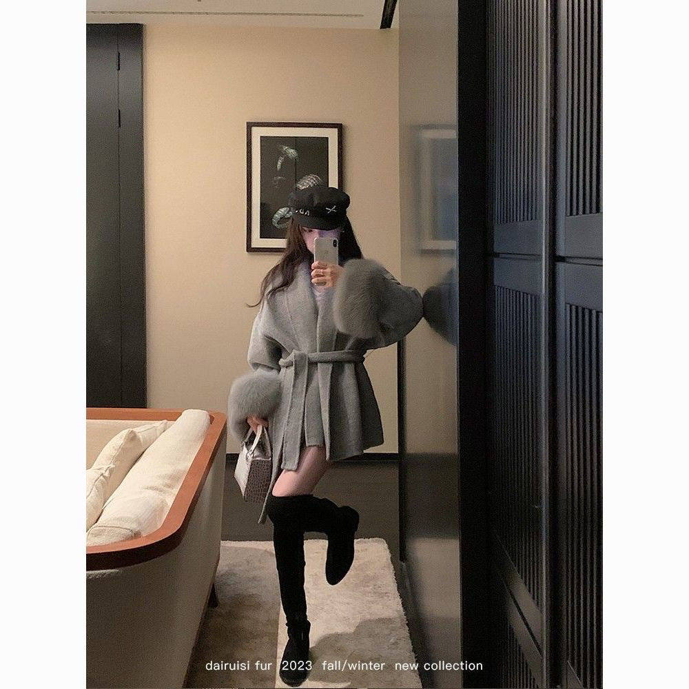 2024冬季新款小浴袍款小个子气质保暖双面羊毛狐狸毛双面呢大衣