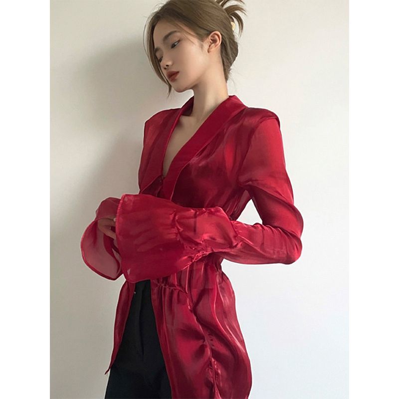 春新款红色衬衫女法式复