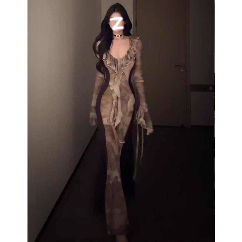 法式复古印花长袖连衣裙女秋冬季生日晚礼服气质收腰荷叶边长裙子