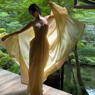 新中式国风套装秋款穿搭黄色扎染连衣裙两件套禅意长裙晨袍度假裙