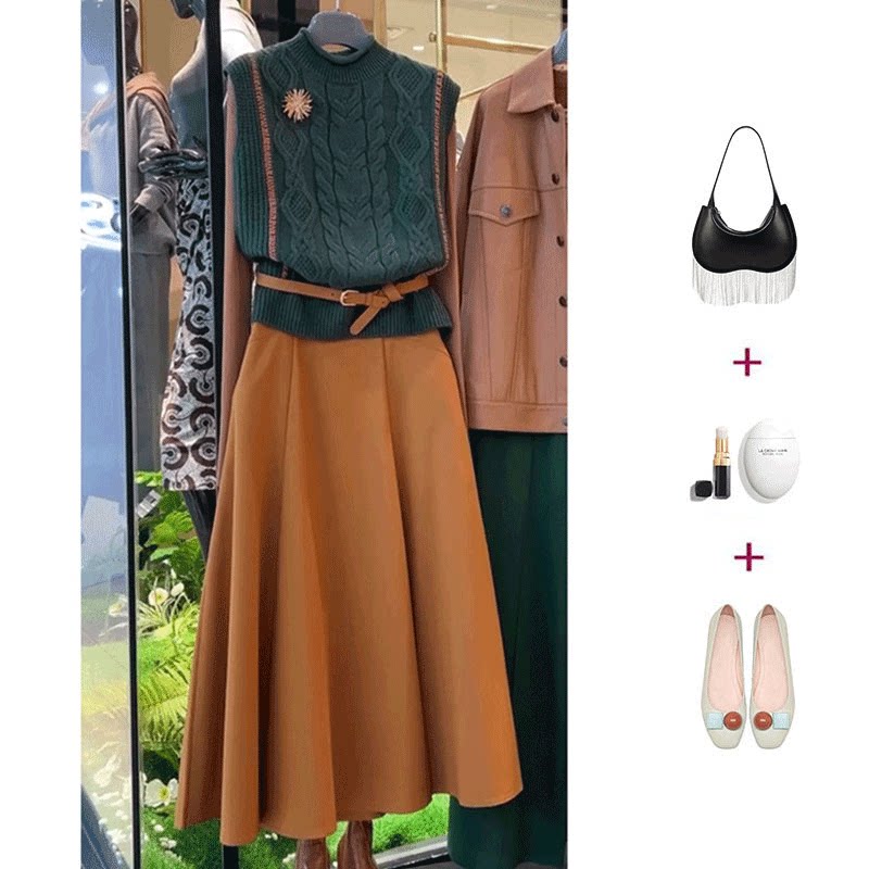 韩系穿搭一整套轻奢高级感女人味绿色针织马甲内搭半身裙套装秋冬