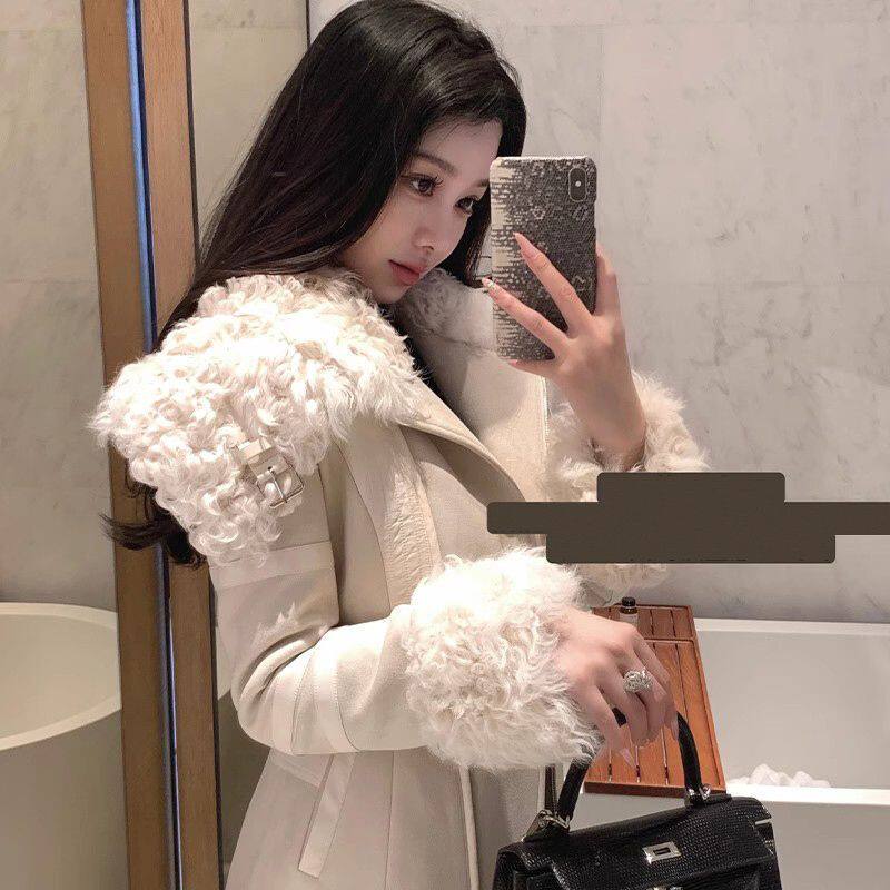 白色环保仿皮毛一体羊羔毛外套2024新款保暖收腰立领夹克上衣外套