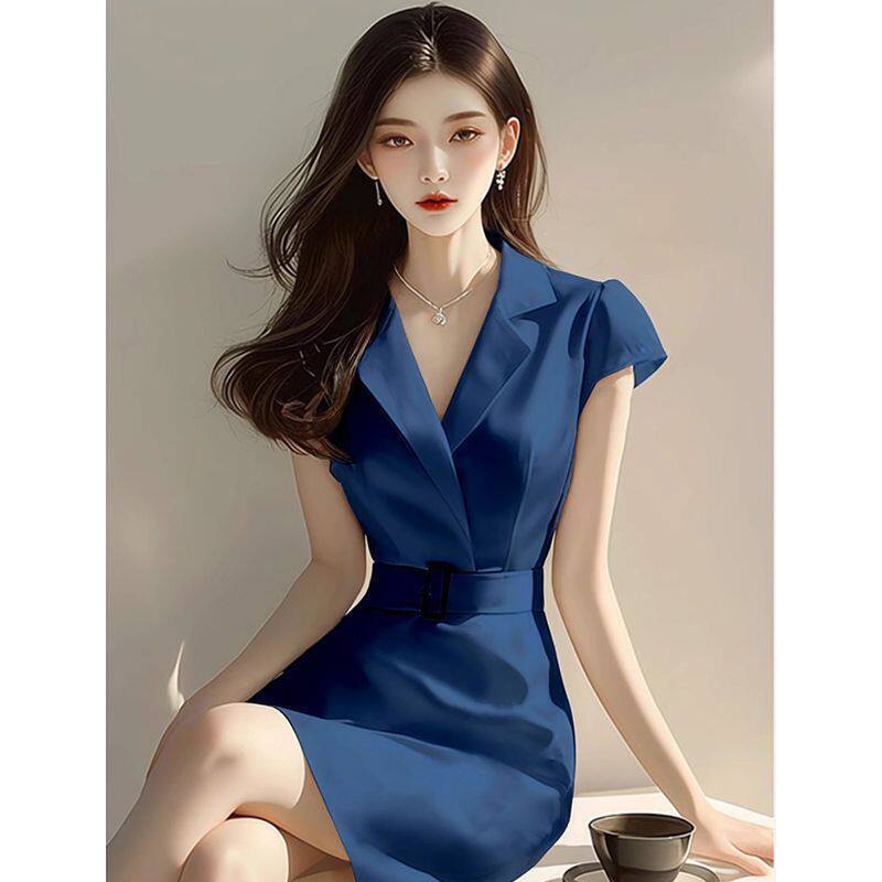 高端精致茶歇法式气质超好看正式场合蓝色连衣裙子女夏季