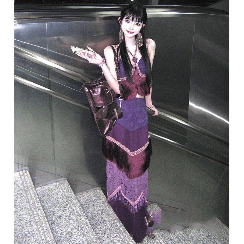 夏季新款气质名媛拼接褶皱吊带上衣半裙套装