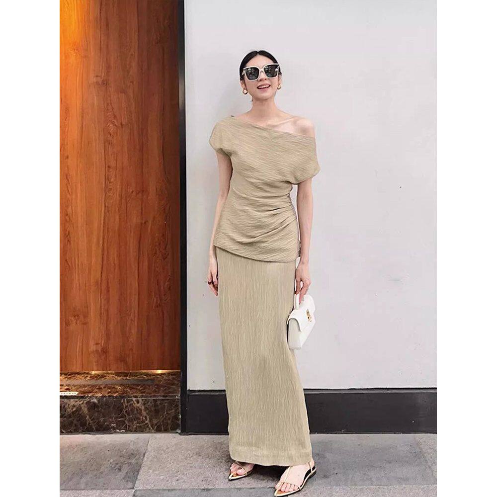 小众简约气质一字肩通勤上衣高腰压褶A字半身裙2024夏季茶歇套装