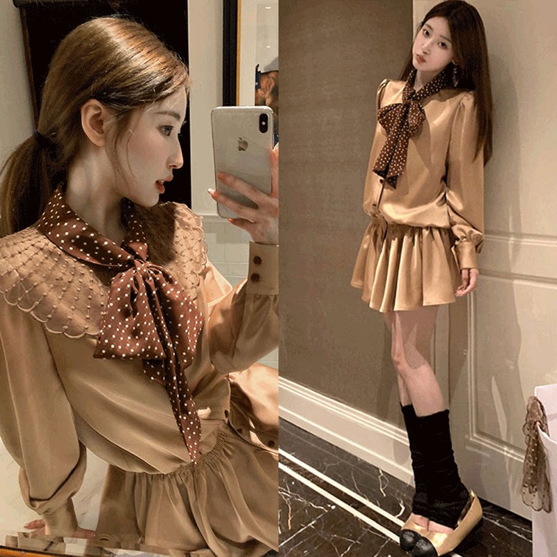 矜贵缎光衬衫裙女网纱刺