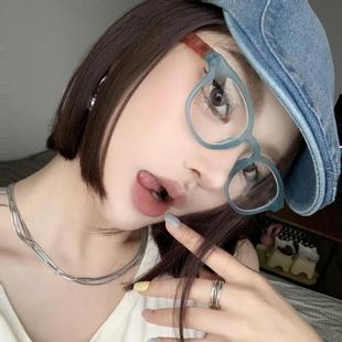 品牌TR超轻弹簧腿日系复古磨砂蓝大框圆脸显瘦素颜眼镜架学生近视