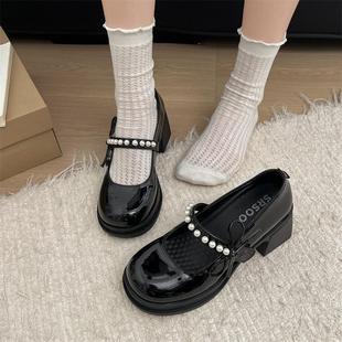 蝴蝶结珍珠配裙子粗跟高跟jk 品牌法式 玛丽珍小皮鞋 女2025新款 夏季