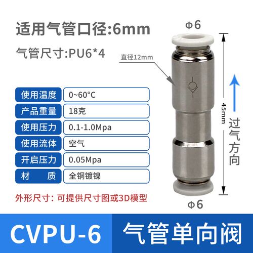 气管单向阀CVPU-04/6/8/10/12MM快插接头PCVU气动止回阀全金属