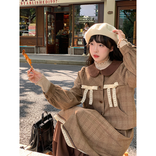 极速罐头士多所 今年流行两件套蕾丝E蝴蝶结棕色格纹短外套a字半