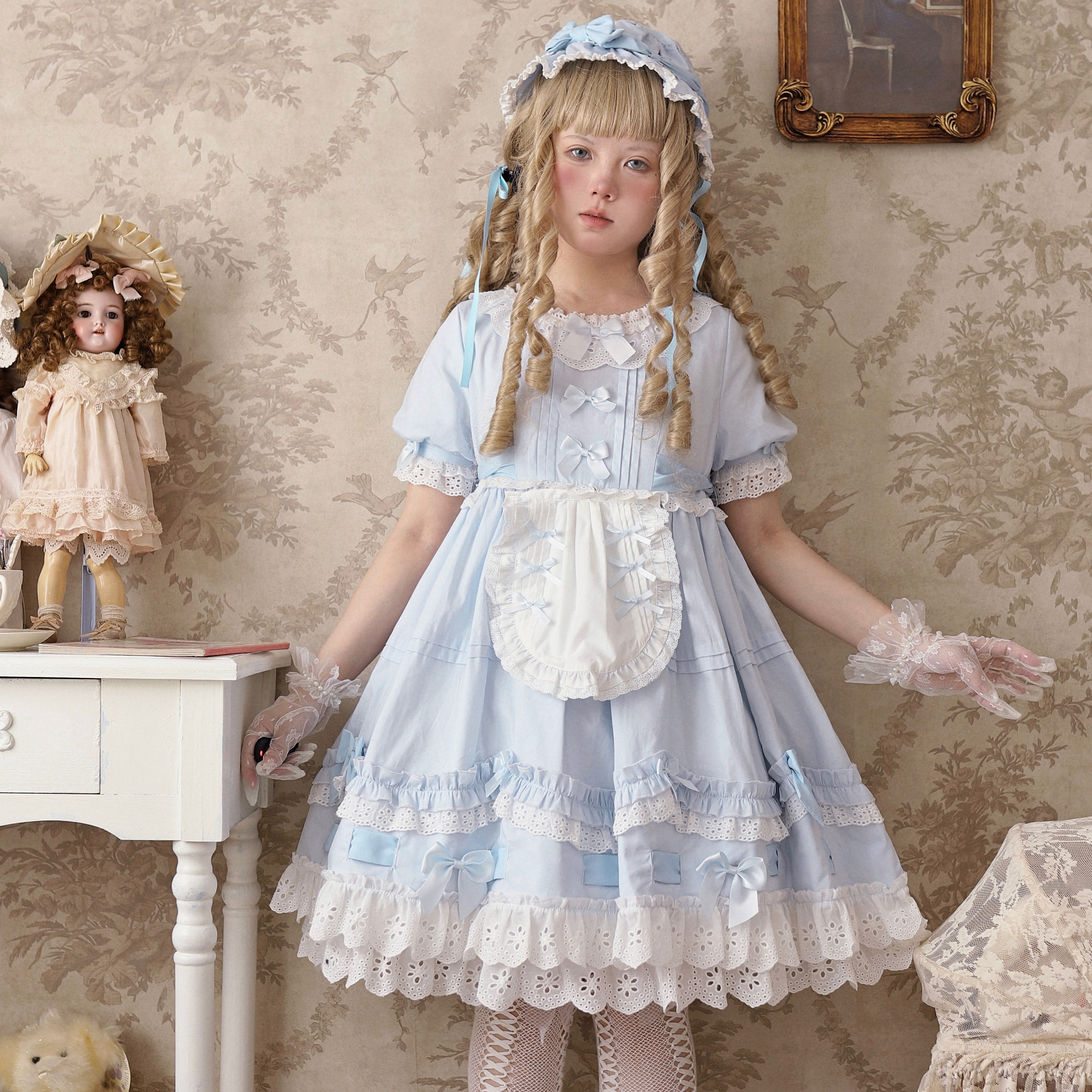 原创-安睡娃娃-Lolita 高腰孕款纯棉花边泡泡袖短袖op夏款