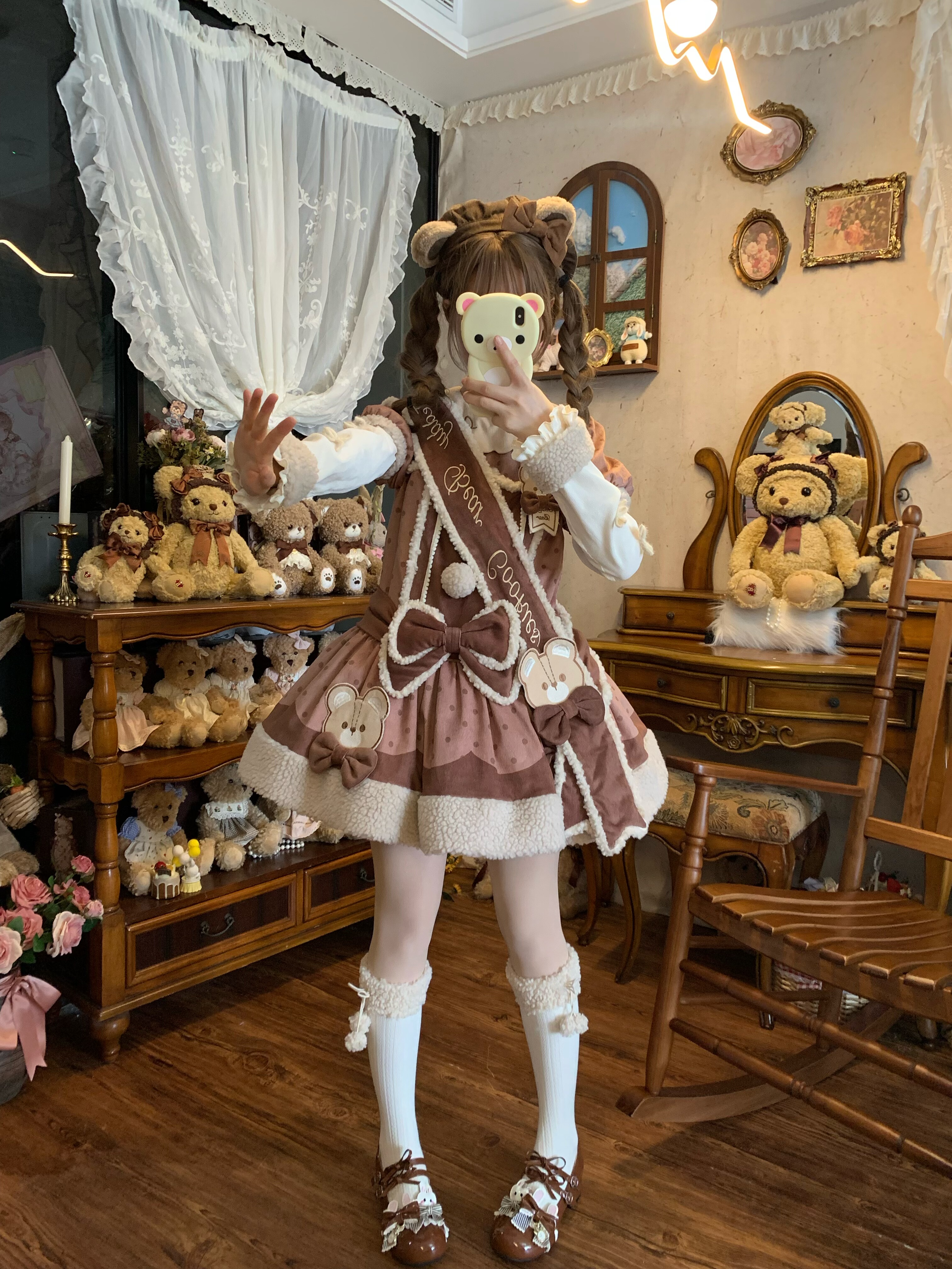 新品-珍珠奶茶熊op-原创棕色可爱秋冬低腰长袖Lolita小个子显高op