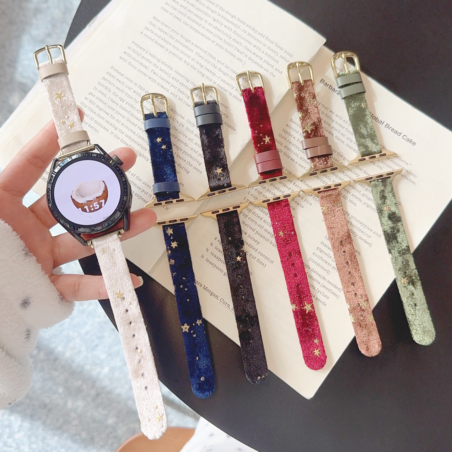 壳里斯iwatch表带S11星星韩国丝绒皮革细款金属适用s10苹果SE手表applewatch华为GT6红米6小米8/9pro秋冬FIT4