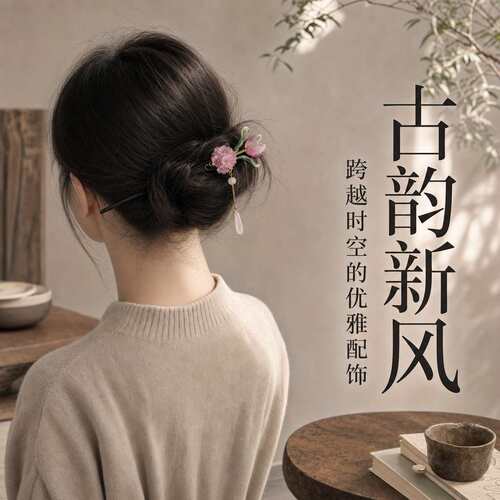 桃枝玉露古风发簪新中式温婉气质流苏步摇盘发钗汉服旗袍头饰品女