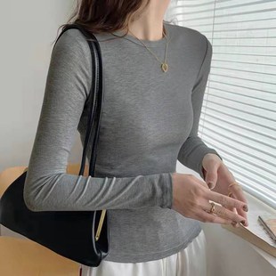 内搭上衣磨毛加厚t恤长袖 2024修身 女秋冬季 灰色显瘦加薄绒打底衫