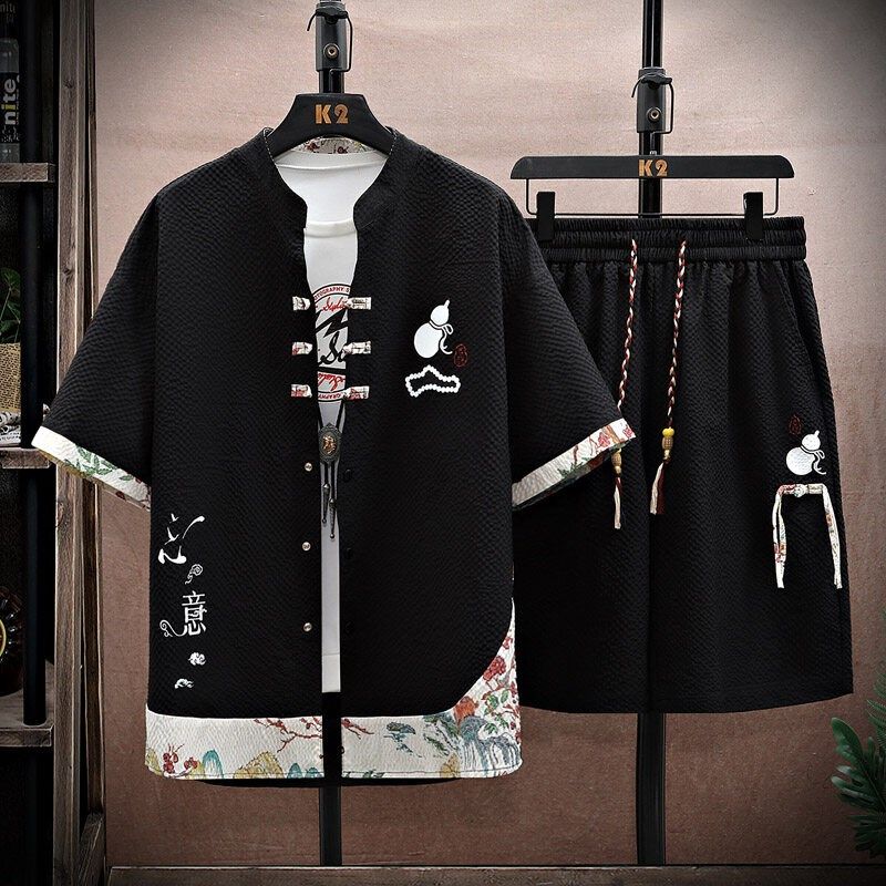 中国风短袖套装男士夏季薄款衬衫短裤两件套宽松休闲国潮汉服唐装,男装,时尚套装,淘宝优惠券,粉丝福利购,淘宝优惠卷