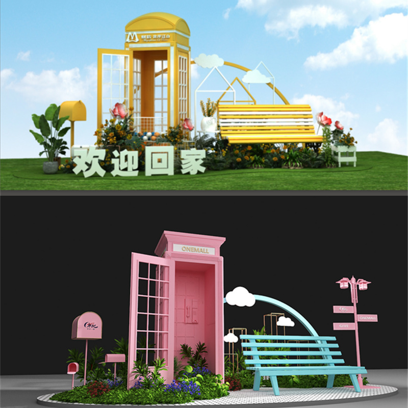 粉蓝套装电话亭邮筒路牌指示牌景观双人长椅商场美陈酒吧道具包邮