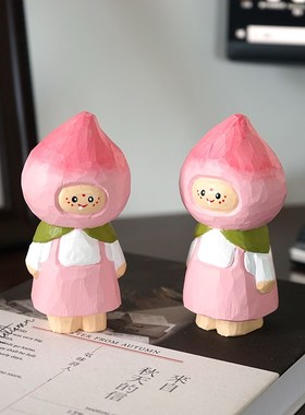 桃子人手工木雕小摆件木质雕刻治愈系动物书桌台面装饰礼物