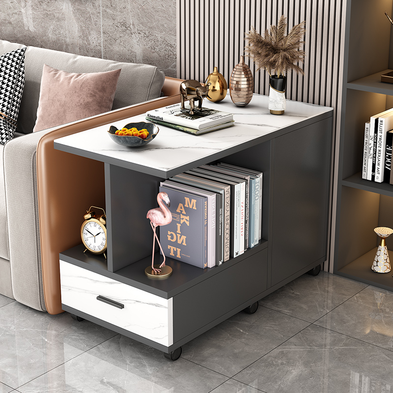 轻奢岩板沙发边几简约客厅沙发边柜移动茶几带轮小茶桌角几储物柜