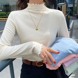 高级感长袖 粉色内搭半高领木耳边打底衫 修身 新款 上衣 女2024秋冬季