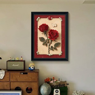 法式中古风玄关挂画珍珠玫瑰花复古油画走廊过道挂画餐厅壁画高档