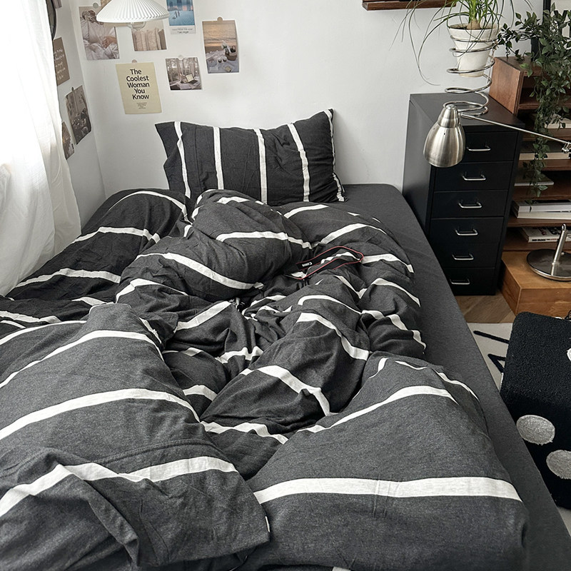 黑白简约条纹全棉纯棉床上四件套针织棉天竺棉裸睡床单被套床品