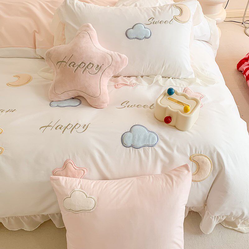 可爱少女心纯棉加厚磨毛四件套全棉被套公主风儿童彩色星月床品4
