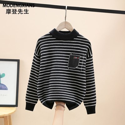 毛衣男童一体绒秋冬2024新款休闲纯棉儿童针织衫加绒加厚男孩上衣