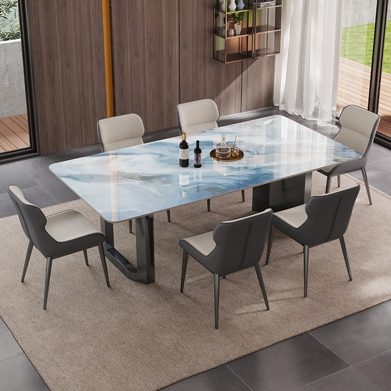 高端大气奢石岩板餐桌椅组合别墅客餐厅意式简约家用长方形吃饭桌