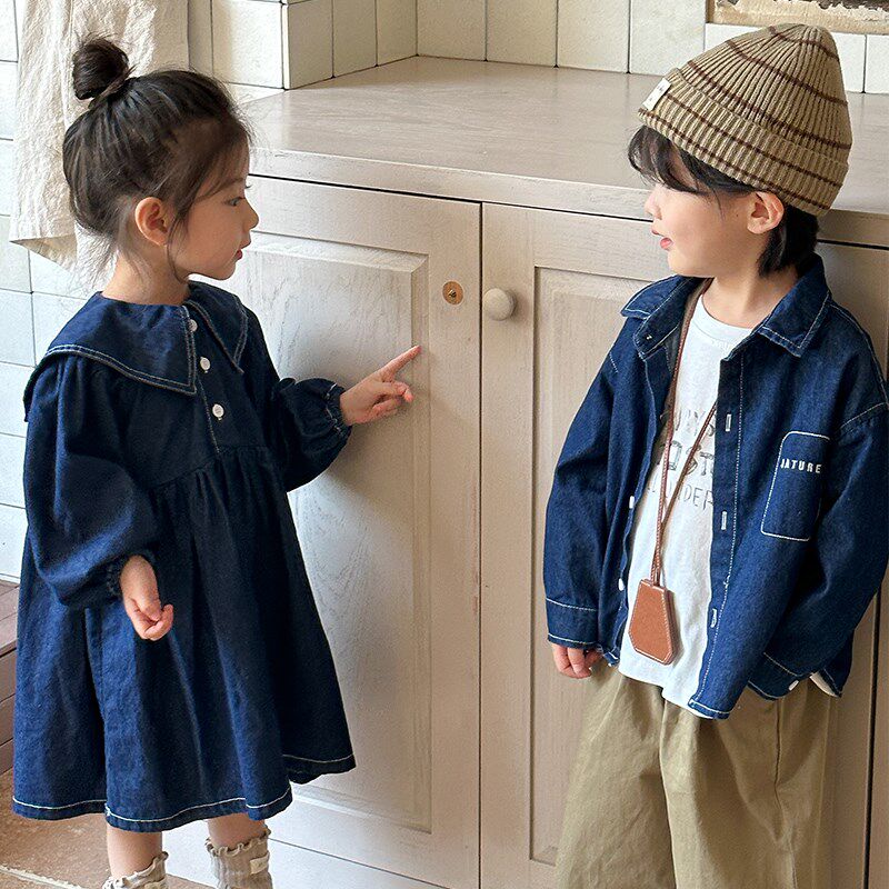 女童牛仔连衣裙兄妹秋装儿童洋气2024新款春秋季宝宝男童衬衫外套