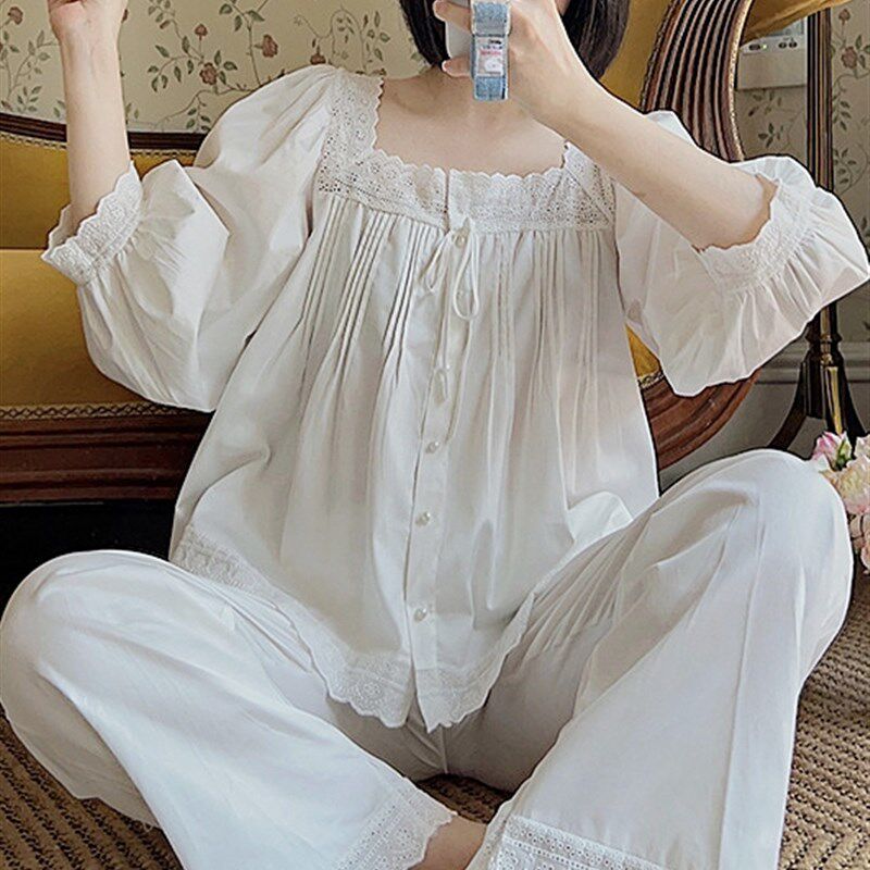 纯棉睡衣女2023年新款春秋季复古优雅甜美宫廷风长袖套装夏家居服