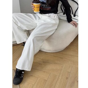 儿童立体弧度白色牛仔弯刀裤女童春装阔腿直筒裤男童春秋宽松裤子