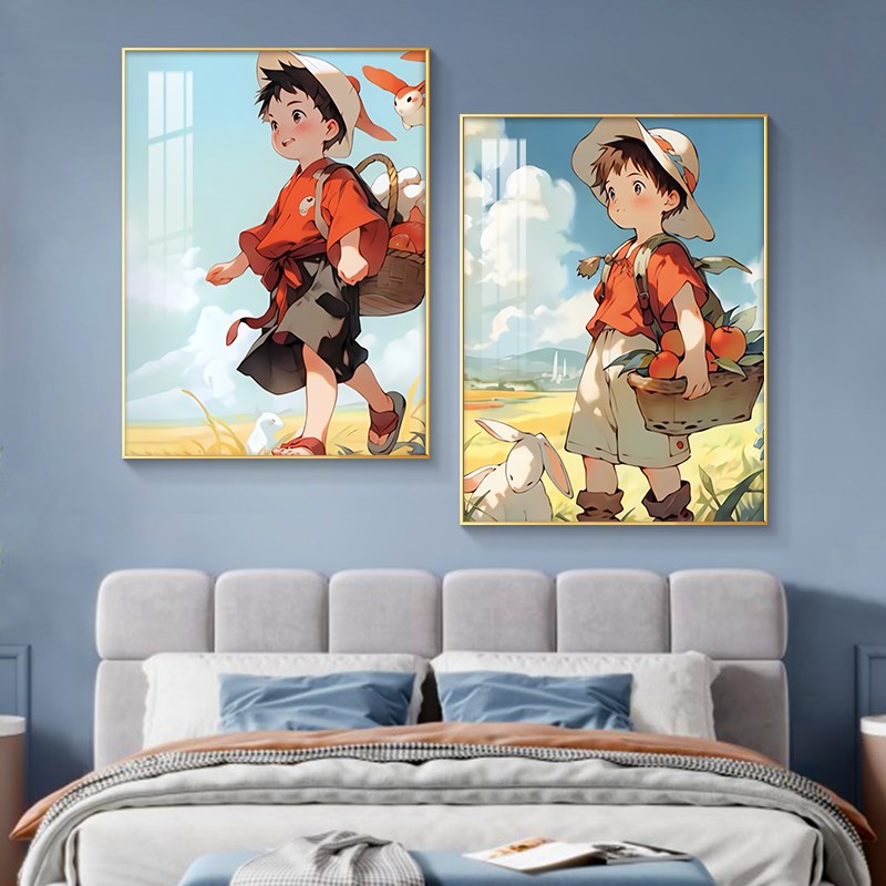 卡通漫画人物儿童房装饰画女孩房间床头背景墙挂画粉色墙面壁画图片