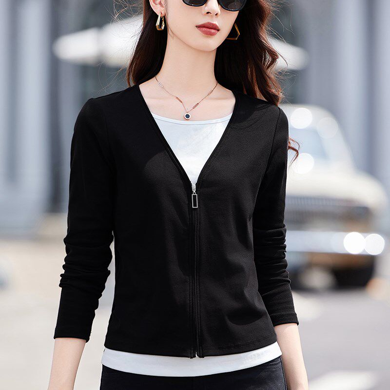 纯棉假两件V领长袖T恤女春秋新款设计感拉链拼接骨高级上衣打底衫