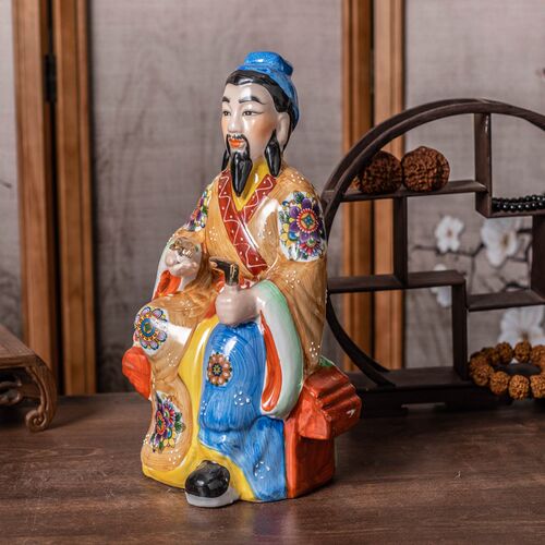 手工彩绘鲁班祖师爷像陶瓷摆件 木锯工神匠工匠班门弄斧神像供奉