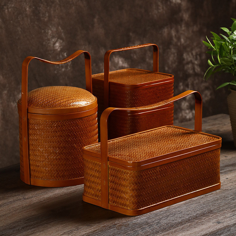 竹编提篮多层茶具收纳篮双层食盒三层礼盒藤编箱带盖点心中式漆器
