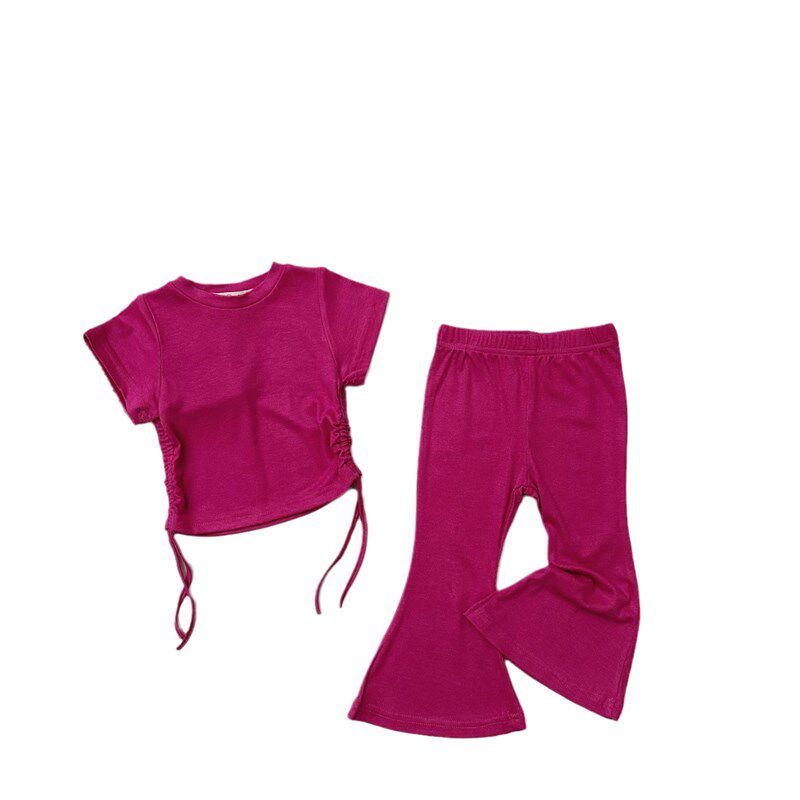 女童短袖时髦套装2024夏季宝宝抽绳绑带T恤+喇叭长裤纯棉两件套潮