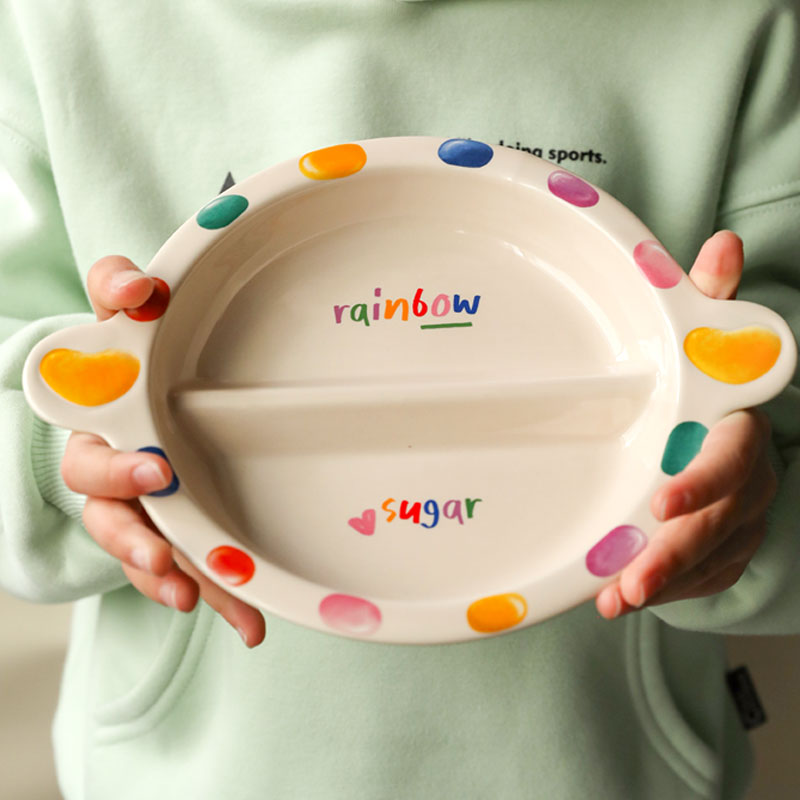 ezicok分格盘陶瓷双耳盘可爱早餐盘分隔餐盘儿童餐具简约西餐盘